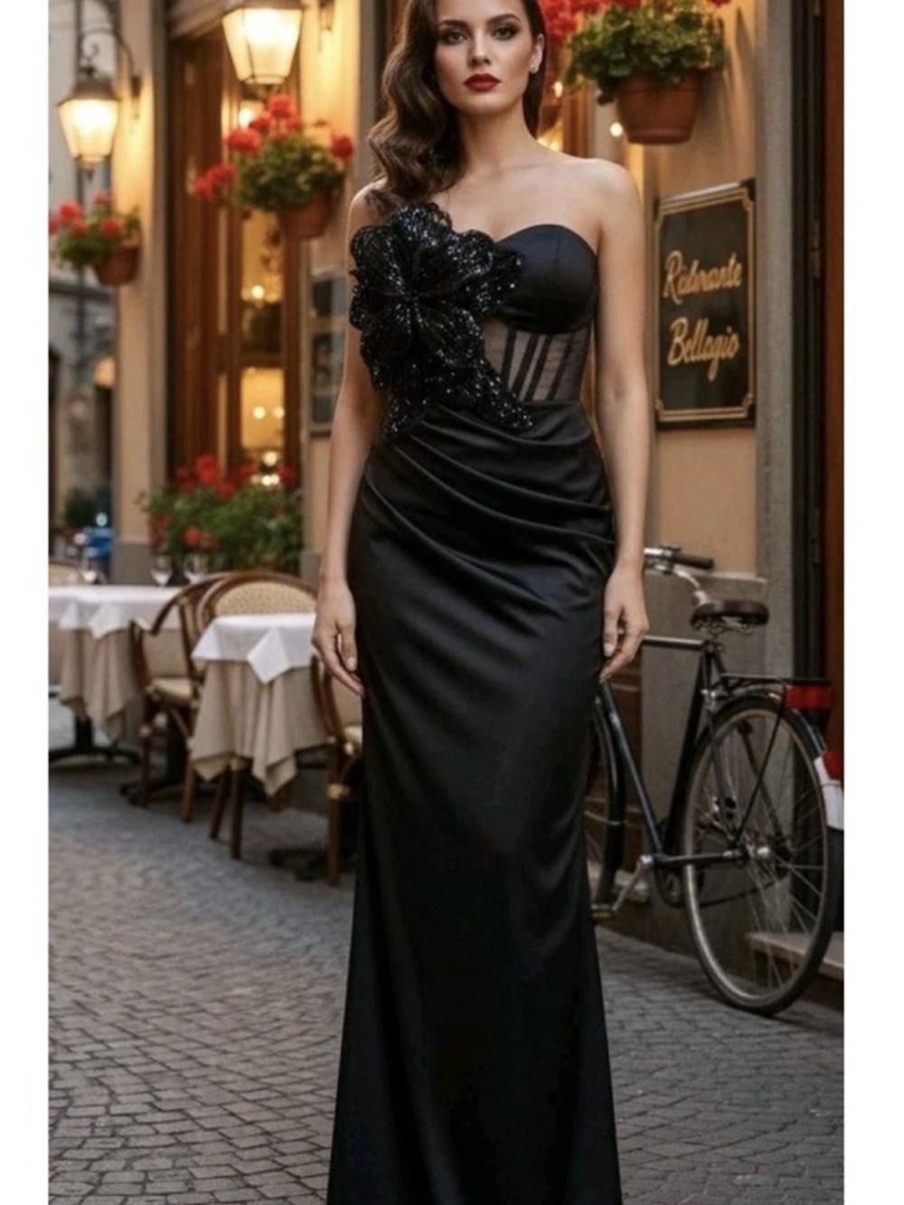 Crystal Doll Black Corset Evening Gown with Beaded Floral Appliqué